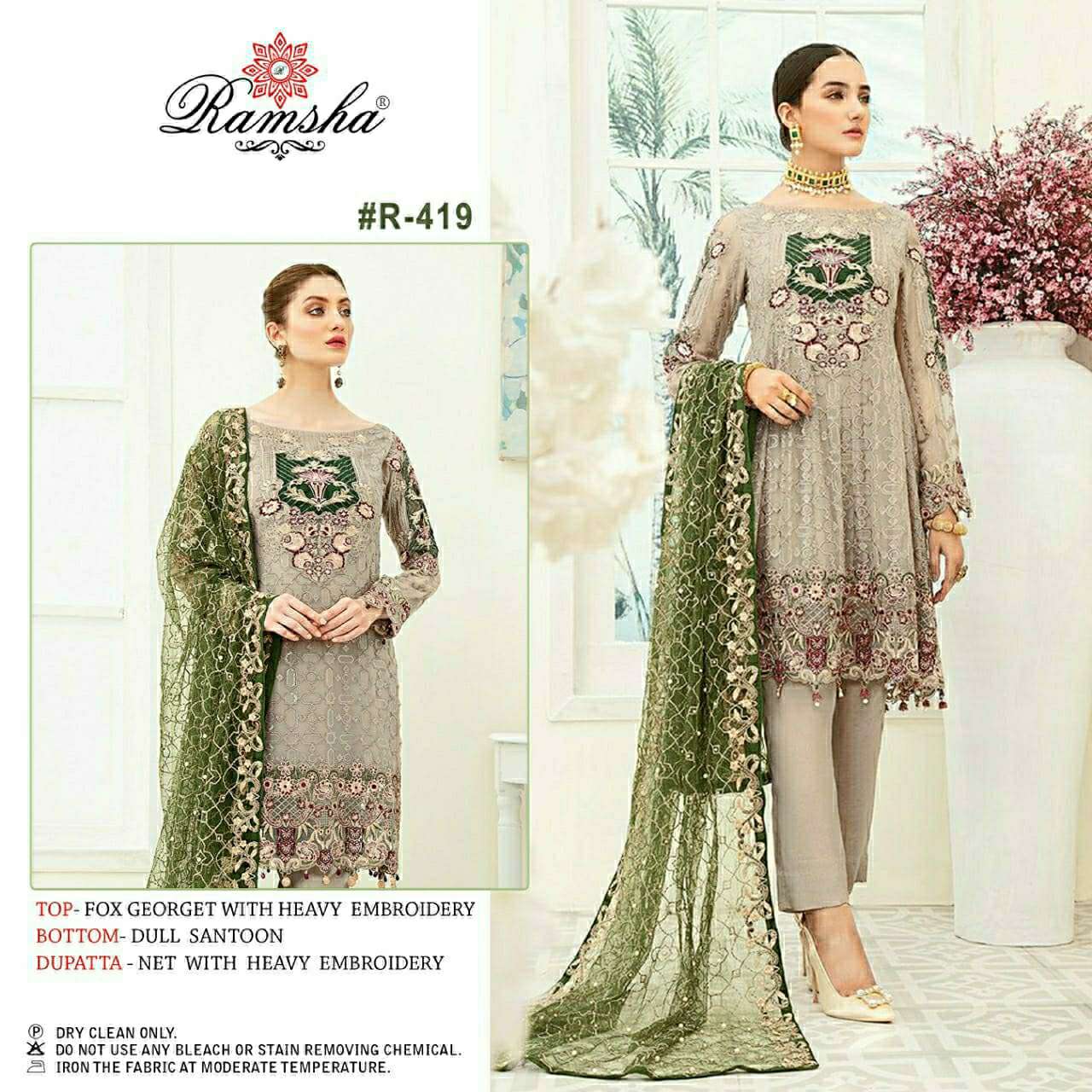 R-419 HIT DESIGN BY RAMSHA FAUX GEORGETTE EMBROIDERY PAKISTANI DRESS