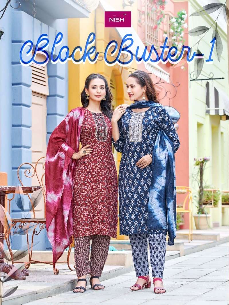 BLOCK BUSTER BY NISH 01 TO 06 SERIES RAYON EMBRODIERY READYMADE DRESSES