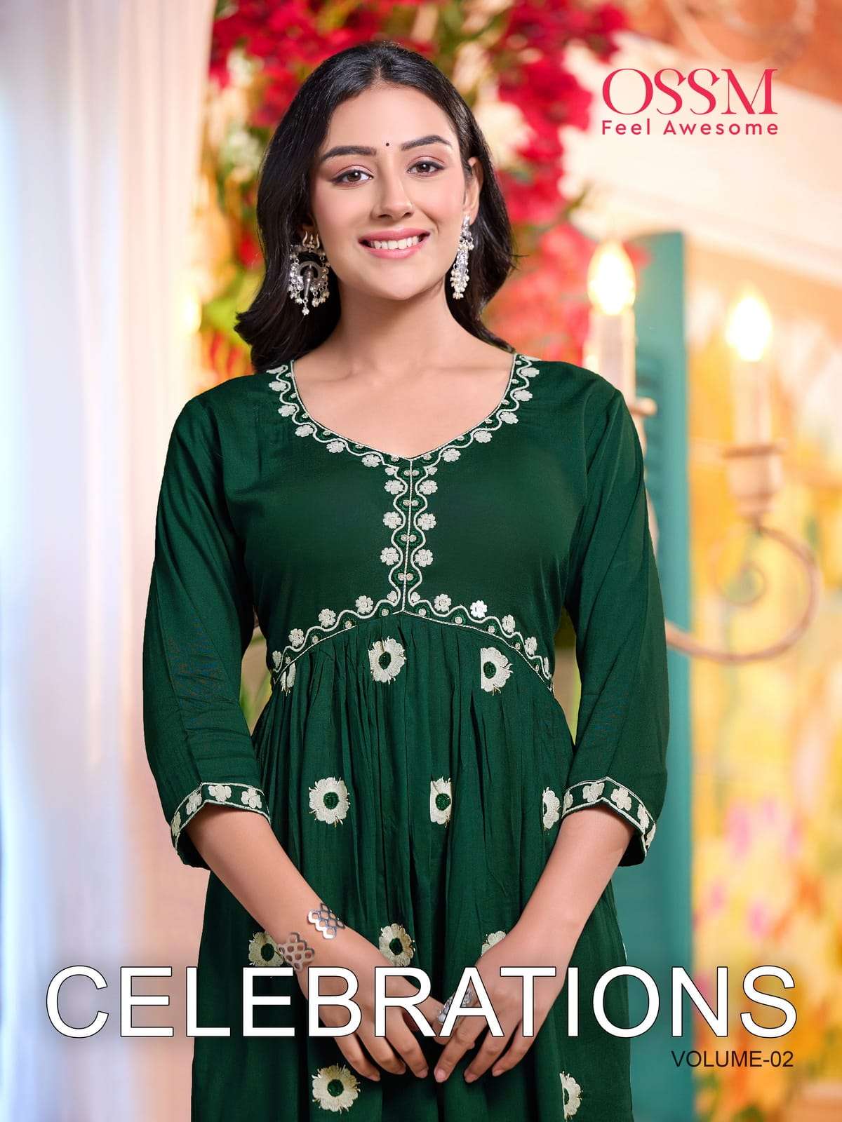 CELEBRATION VOL-2 BY OSSM 201 TO 206 SERIES RAYON EMBROIDERY ALIA CUT KURTIS