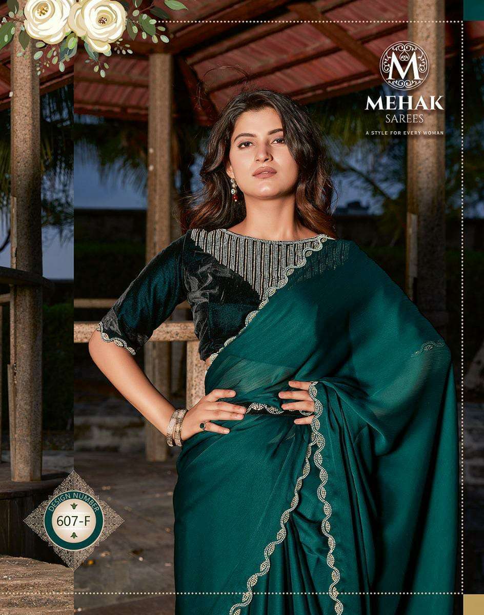 MEHAK 607-A TO 607-F SERIES BY MEHAK SATIN SILK HAND WORK DESIGNER SAREES