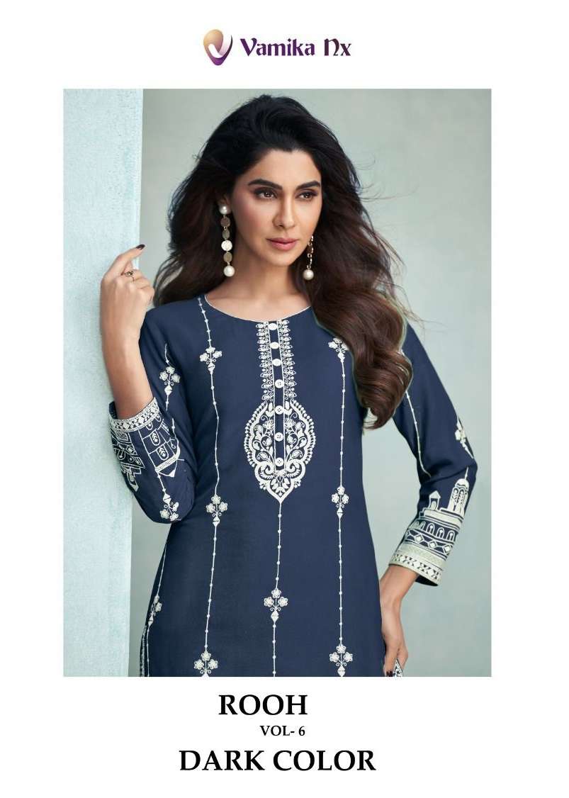 ROOH VOL-6 DARK COLOR BY VAMIKA NX 1135-A TO 1135-E SERIES RAYON WORK KURTI AND PANTS
