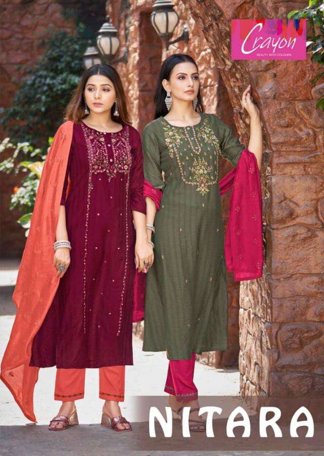 CRAYON NITARA BY KALAROOP 123 TO 128 SERIES VISCOSE EMBROIDERY READYMADE DRESSES