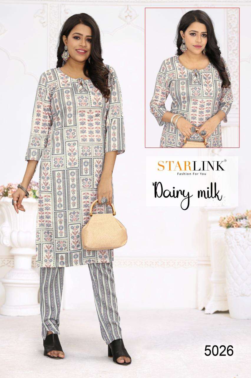 DAIRY MILK BY STARLINK 5025 TO 5030 SERIES RAYON FOIL PRINT WORK KURTI AND PANTS
