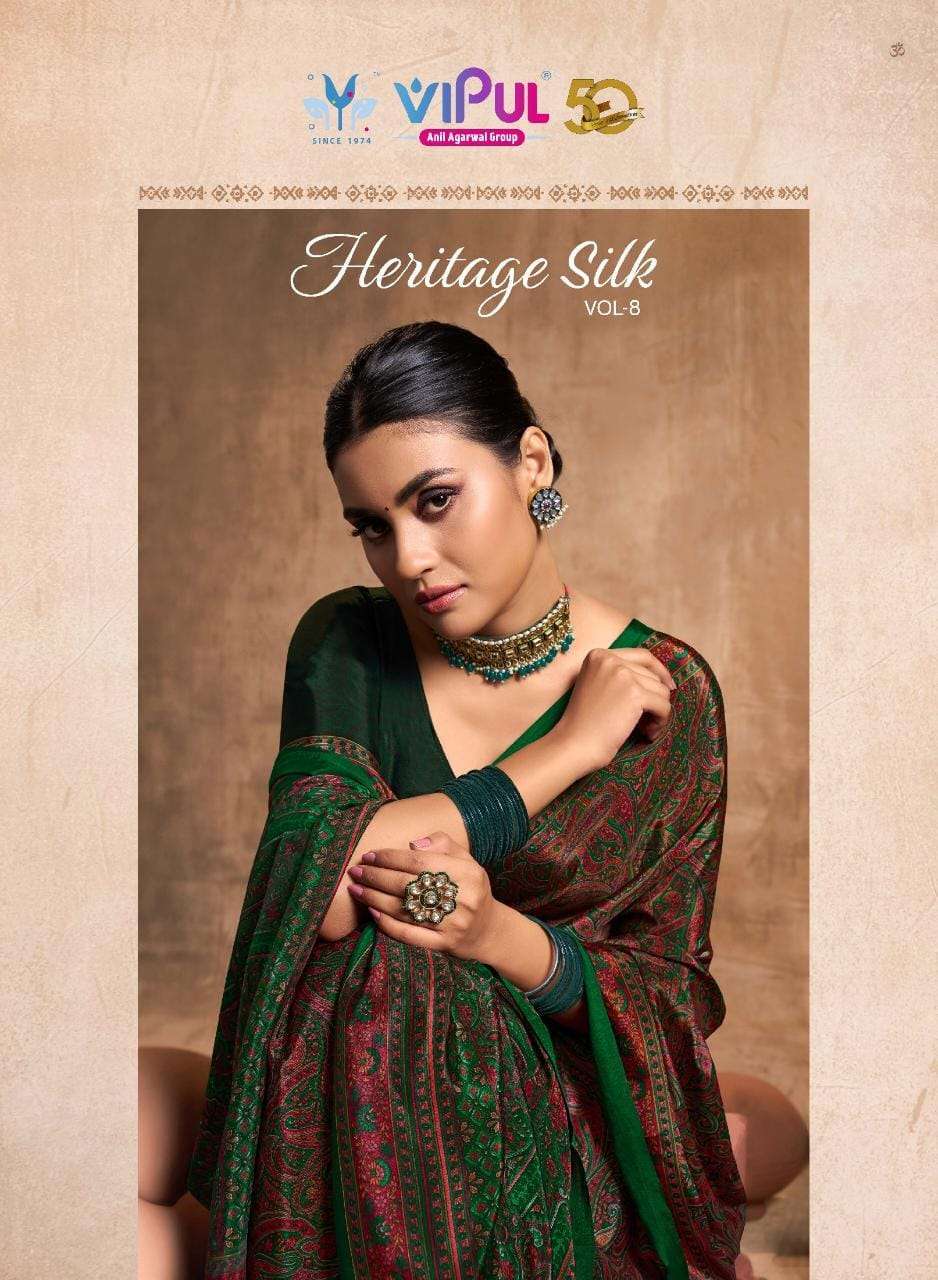 HERITAGE SILK VOL-8 BY VIPUL 71424 TO 71441 SERIES CRAPE PRINT WORK SAREES