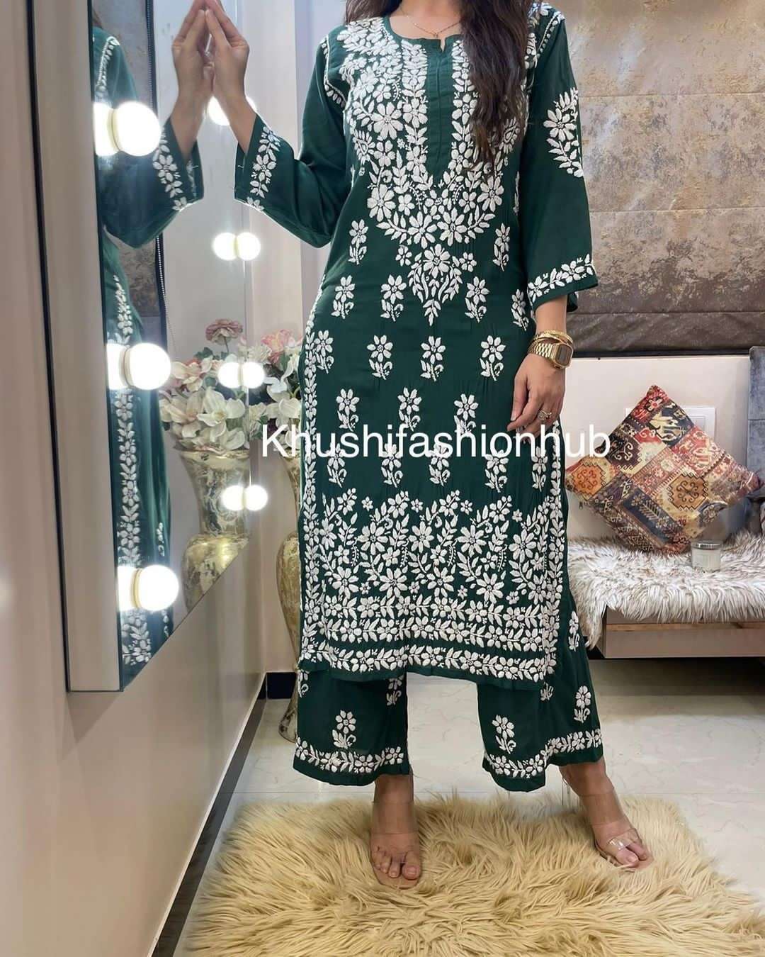 VF-182 BY AQSAWHOLESALE RAYON THREAD WORK KURTI AND PLAZOO