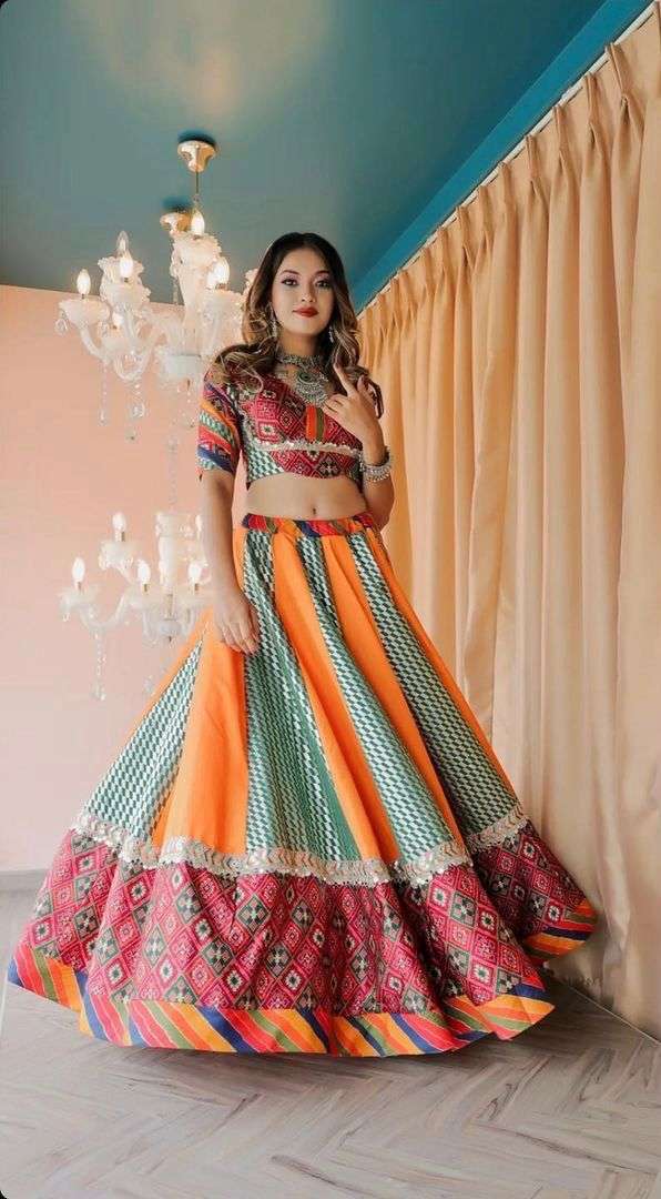 ALC-013 BY AQSAWHOLESALE MUSLIN COTTON PRINT HAND WORK READYMADE NAVRATRI LEHENGA