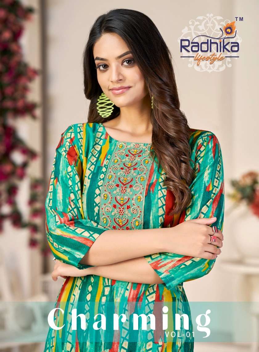 CHARMING VOL-1 BY RADHIKA LIFESTYLE 1001 TO 1008 SERIES CHANDERI MIRROR WORK KURTIS