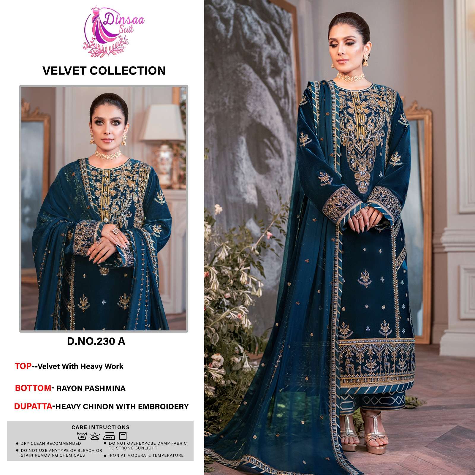 DS-230 COLORS BY DINSAA SUIT 230-A TO 230-E SERIES VELVET WORK PAKISTANI DRESSES