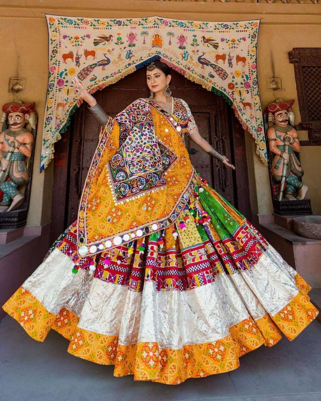 LC-1092 BY AQSAWHOLESALE BUTTER SILK PRINT MIRROR WORK READYMADE NAVRATRI LEHENGA