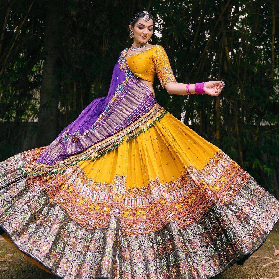 LC-938 BY AQSAWHOLESALE BUTTER SILK PRINT MIRROR WORK READYMADE LEHENGA