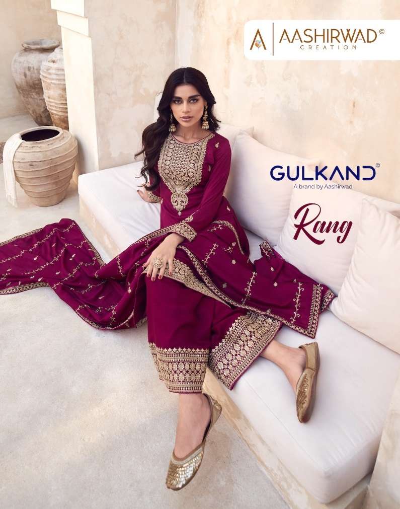 GULKAND RANG BY AASHIRWAD CREATION 9839 TO 9843 SERIES SILK EMBROIDERY WORK DRESSES