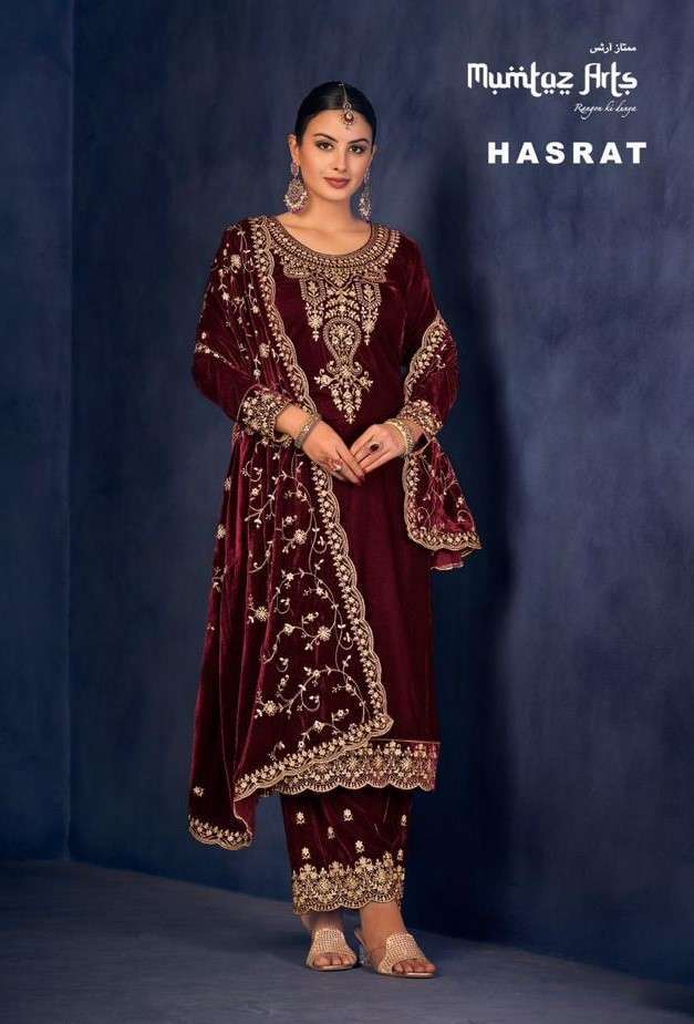 HASRAT BY MUMTAZ ARTS 22001 TO 22004 SERIES VELVET HEAVY EMBROIDERY WINTER WEAR DRESSES