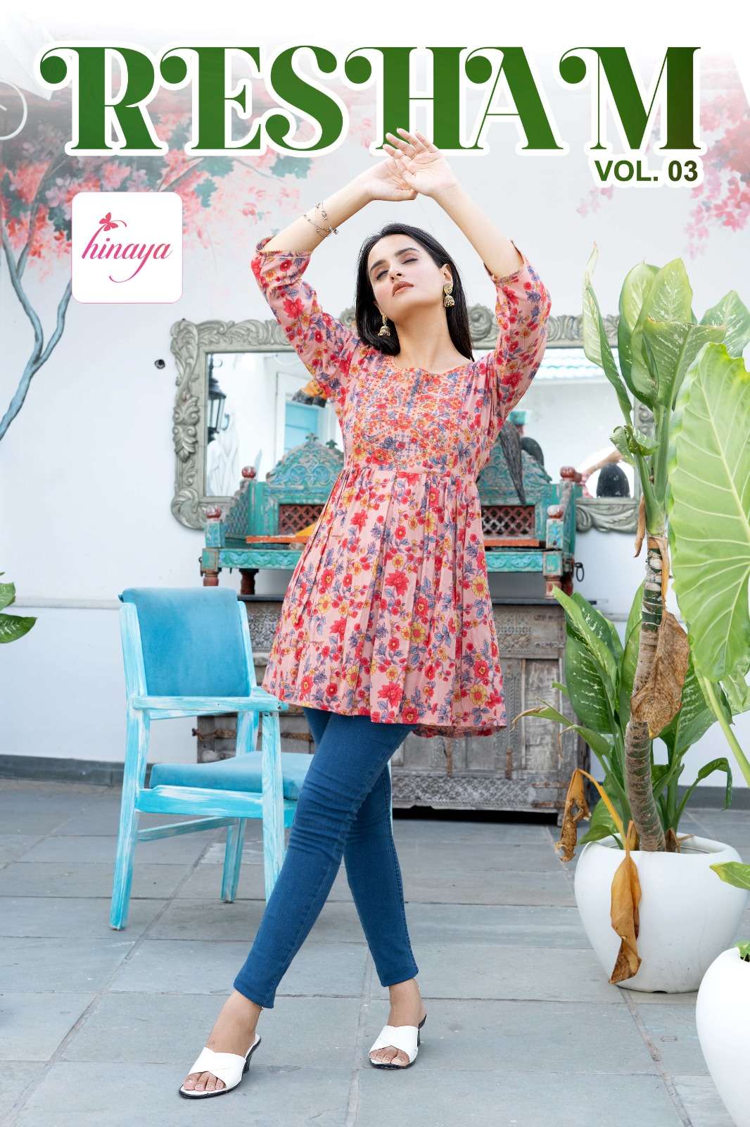 RESHAM VOL-3 BY HINAYA 1001 TO 1006 SERIES RAYON PRINT TOP TUNICS