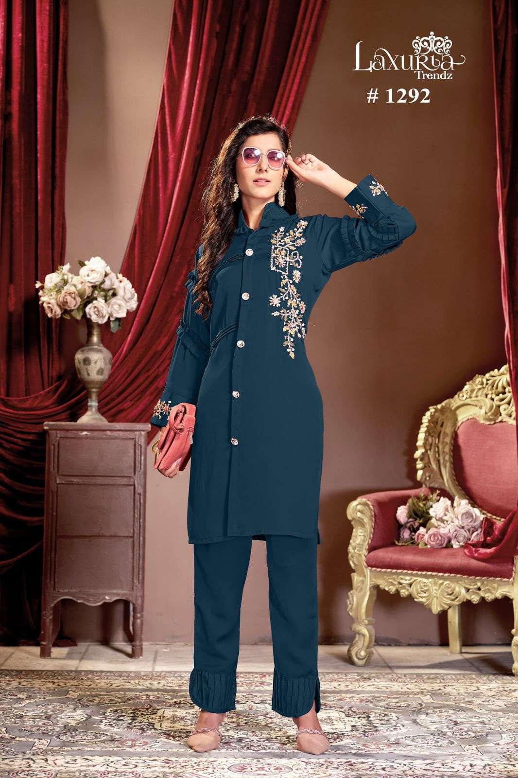 LAXURIA 1292 BLUE BY LAXURIA TRENDZ FANCY SATIN FABRIC HAND WORK CO-ORD SET