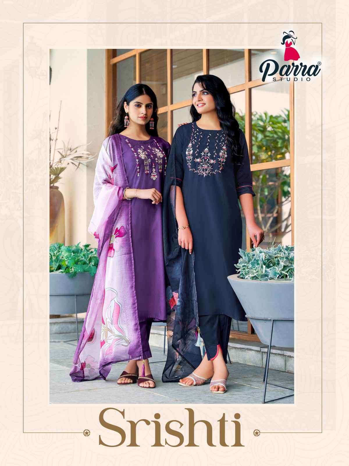 SRISHTI BY PARRA STUDIO 10001 TO 10006 SERIES ROMAN SILK KHATLI WORK READYMADE DRESSES