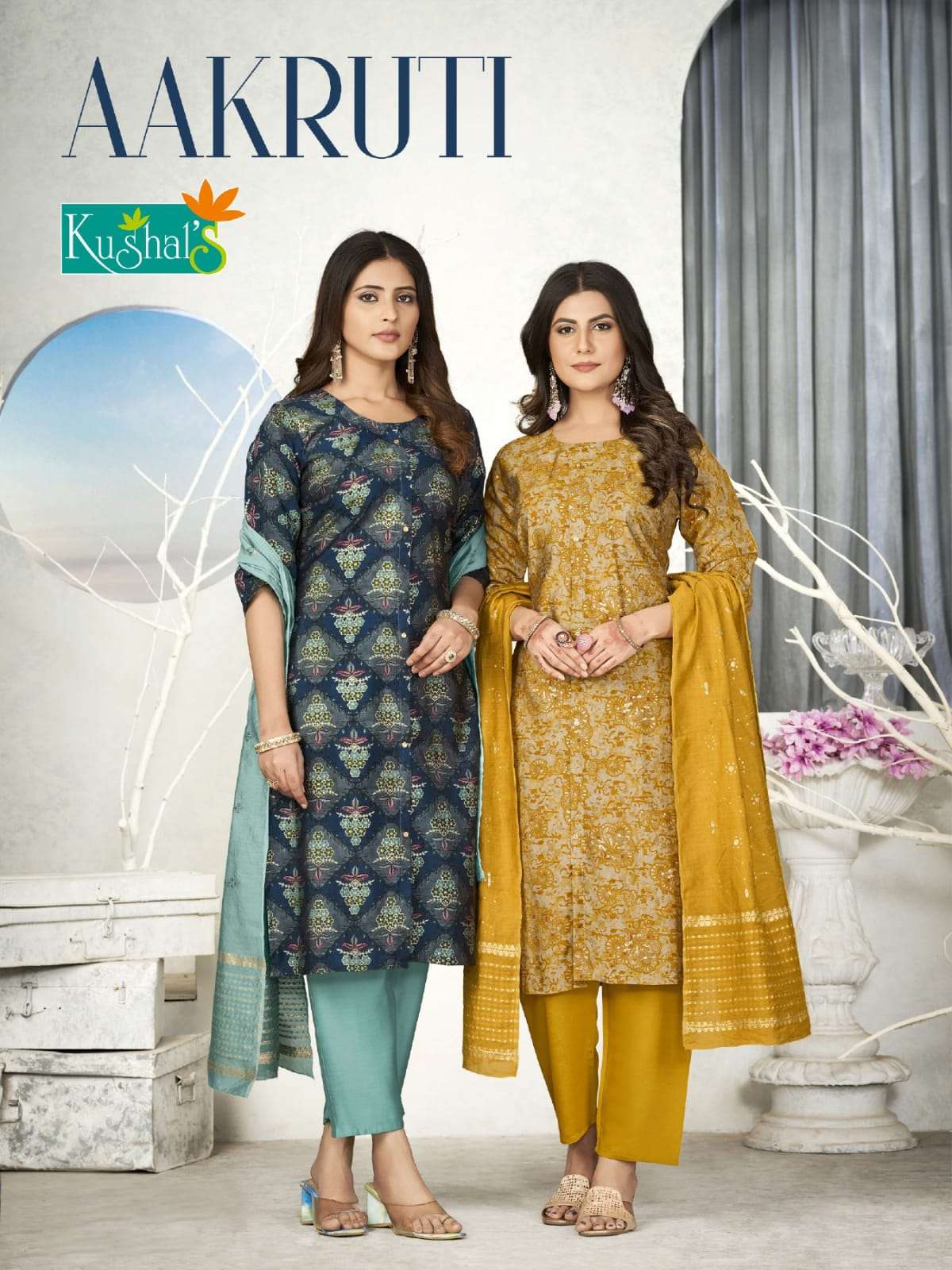 AAKRUTI BY KUSHALS 25401 TO 25410 SERIES CHANDERI PRINT WORK READYMADE DRESSES