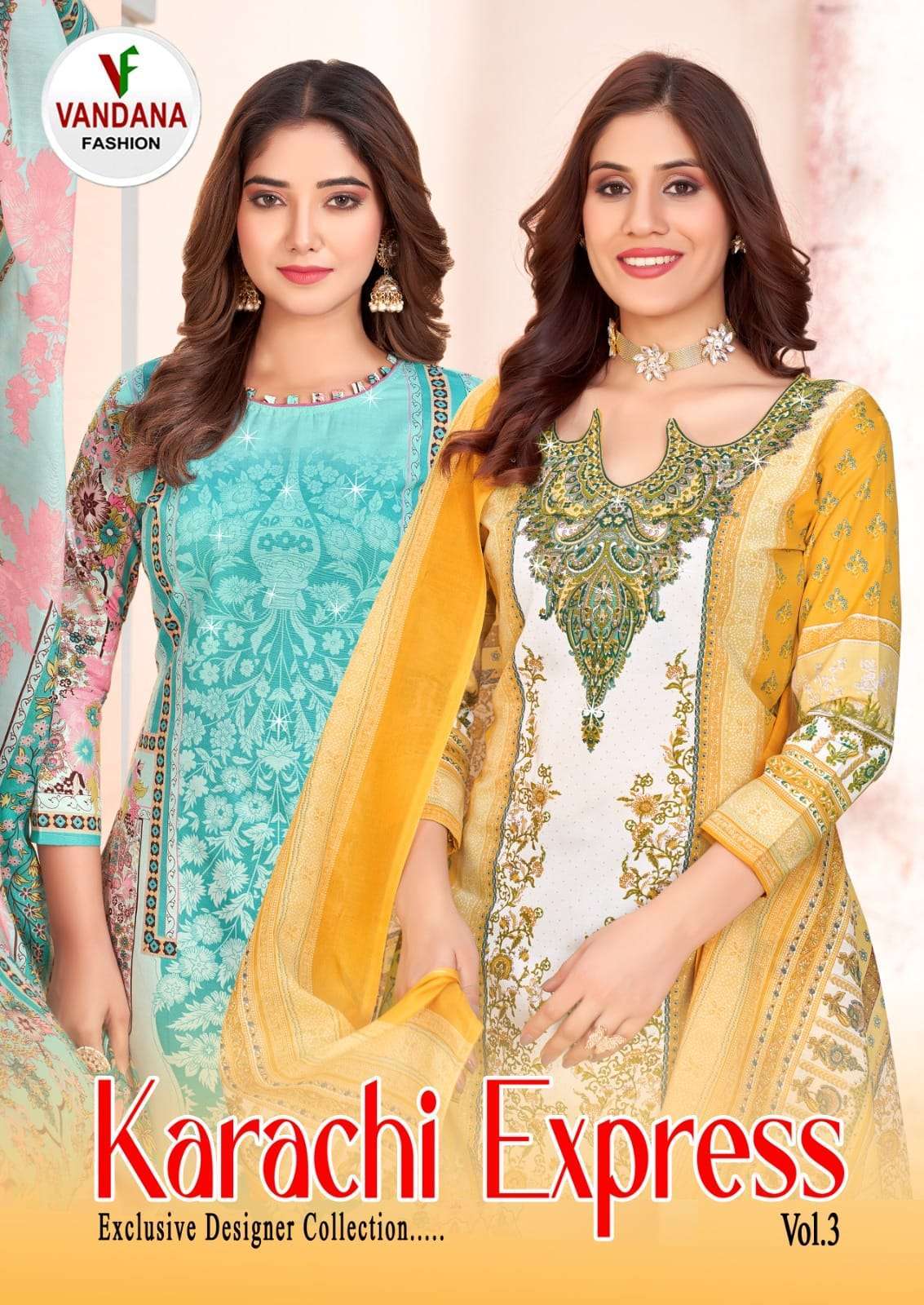 KARACHI EXPRESS VOL-3 BY VANDANA FASHION 3001 TO 3010 SERIES COTTON PRINT WORK DRESSES