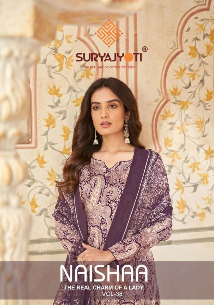 NAISHAA VOL-38 BY SURYAJYOTI 38001 TO 38010 SERIES JAAM SATIN PRINT WORK DRESSES