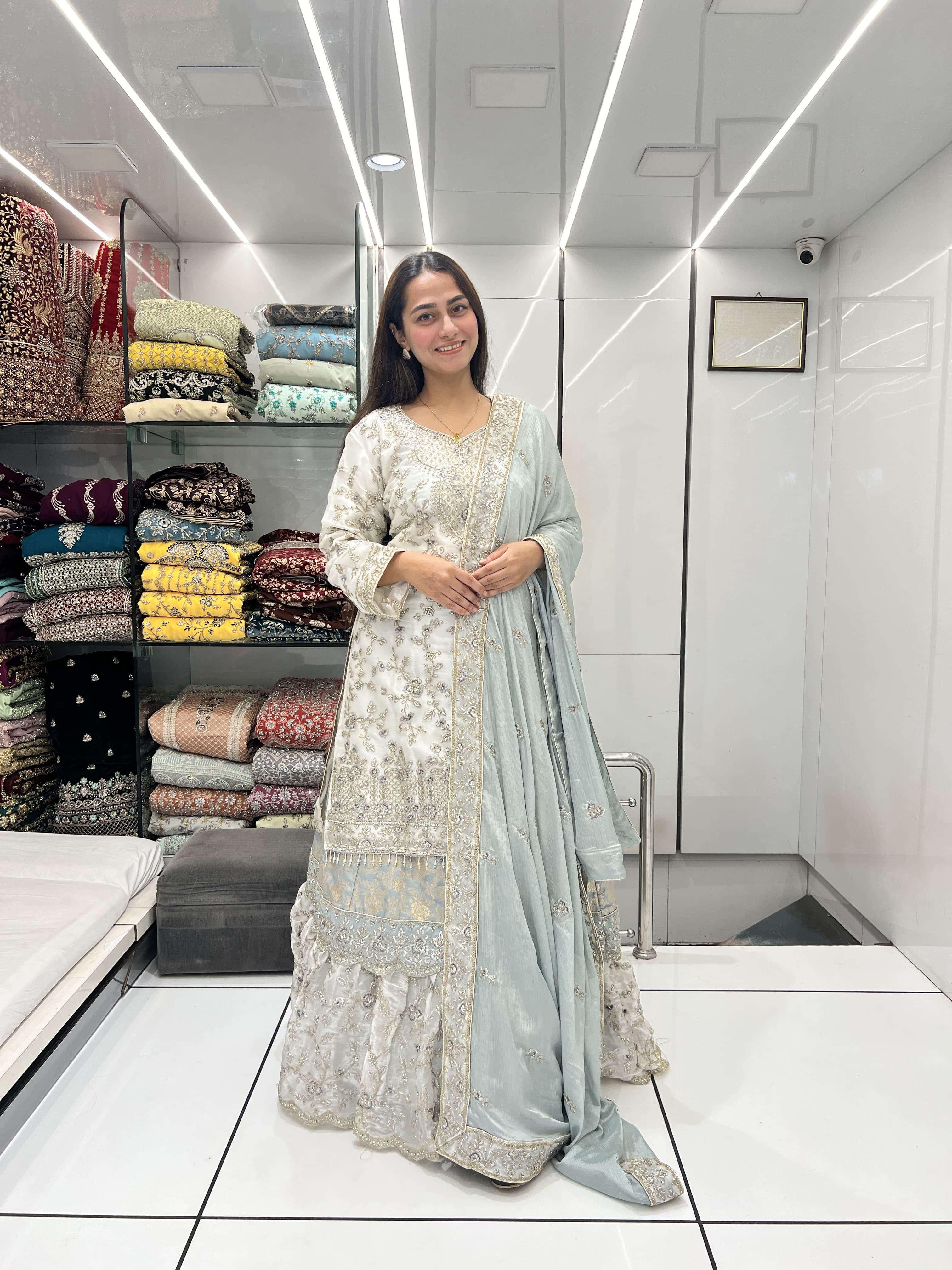 SRK-1763 COLOURS BY AQSAWHOLESALE BURBERRY SILK FABRIC HEAVY WORK READYMADE DRESSES