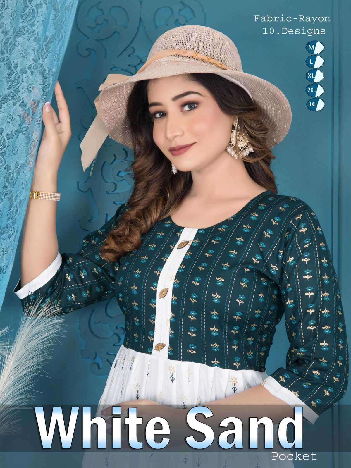 WHITE SAND BY AQSAWHOLESALE 001 TO 010 SERIES RAYON PLAIN PRINT KURTIS