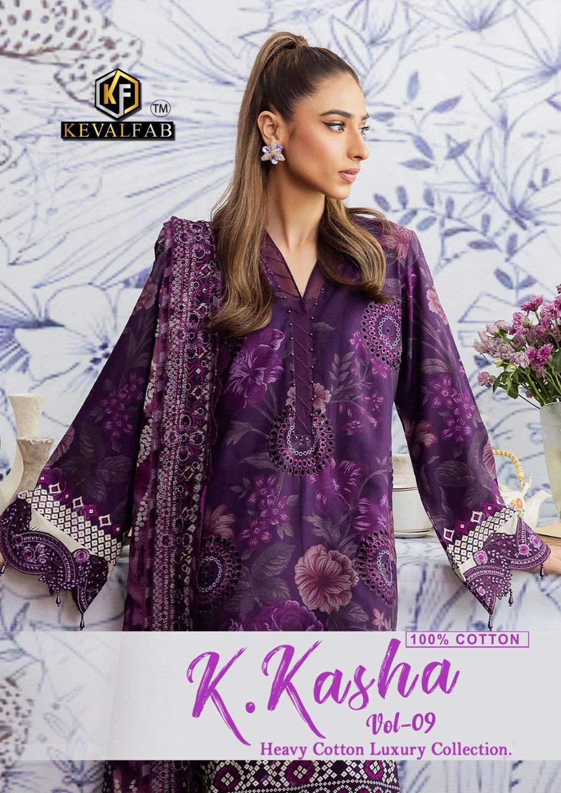 K.KASHA VOL-9 BY KEVAL FAB 9001 TO 9006 SERIES HEAVY COTTON PRINT PAKISTANI DRESSES