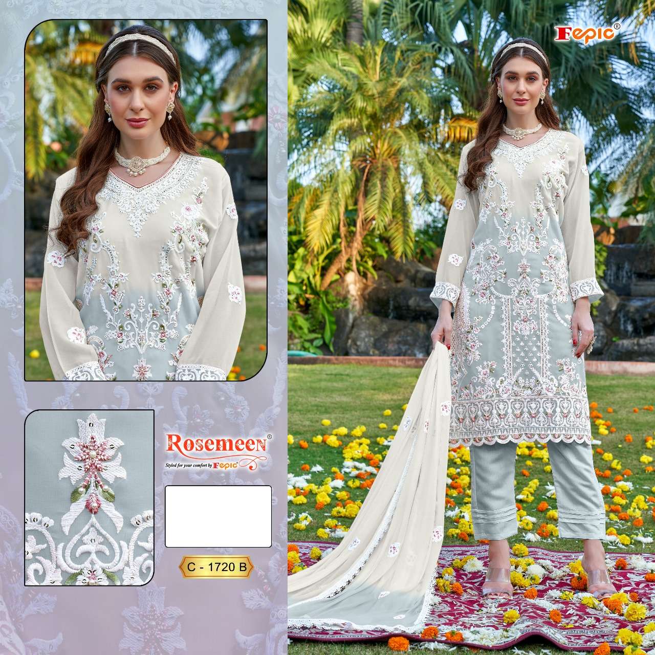 ROSEMEEN 1720 COLORS BY FEPIC 1720-A TO 1720-C SERIES GEORGETTE HANDWORK PAKISTANI DRESSES