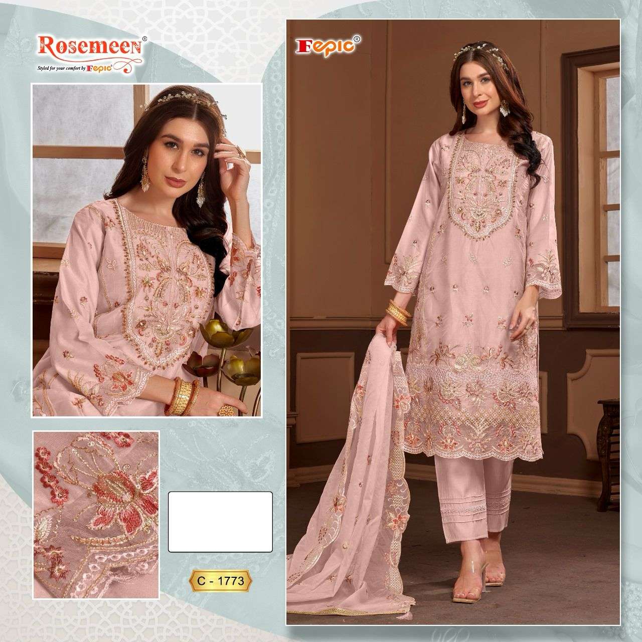 ROSEMEEN 1773 COLORS BY FEPIC 1773-A TO 1773-D SERIES ORGANZA HEAVY WORK DRESSES