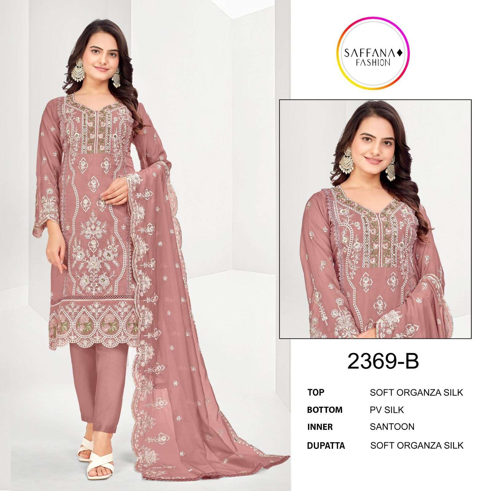 SAFFANA 2369-A TO 2369-C SERIES BY SAFFANA FASHION ORGANZA SILK WORK READYMADE DRESSES