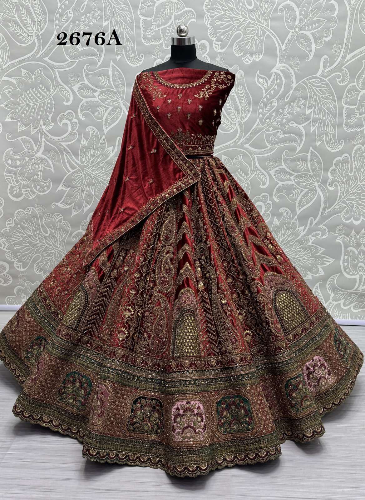 A-2676 COLOURS BY AQSAWHOLESALE VELVET HEAVY EMBROIDERY WORK BRIDAL LEHENGAS