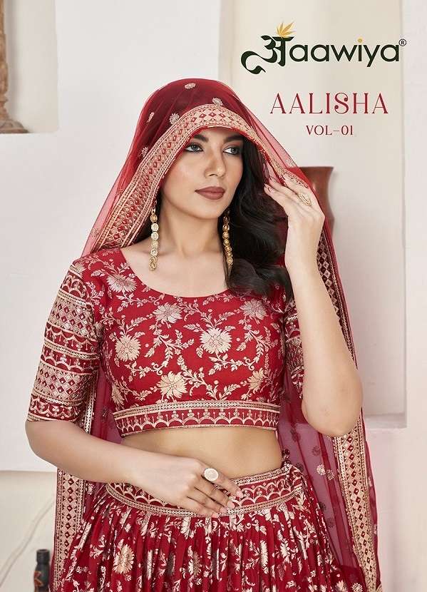 AALISHA VOL-1 BY AAWIYA 1011 TO 1020 SERIES DOLA JACQUARD SEQENCE HEAVY WORK LEHENGAS