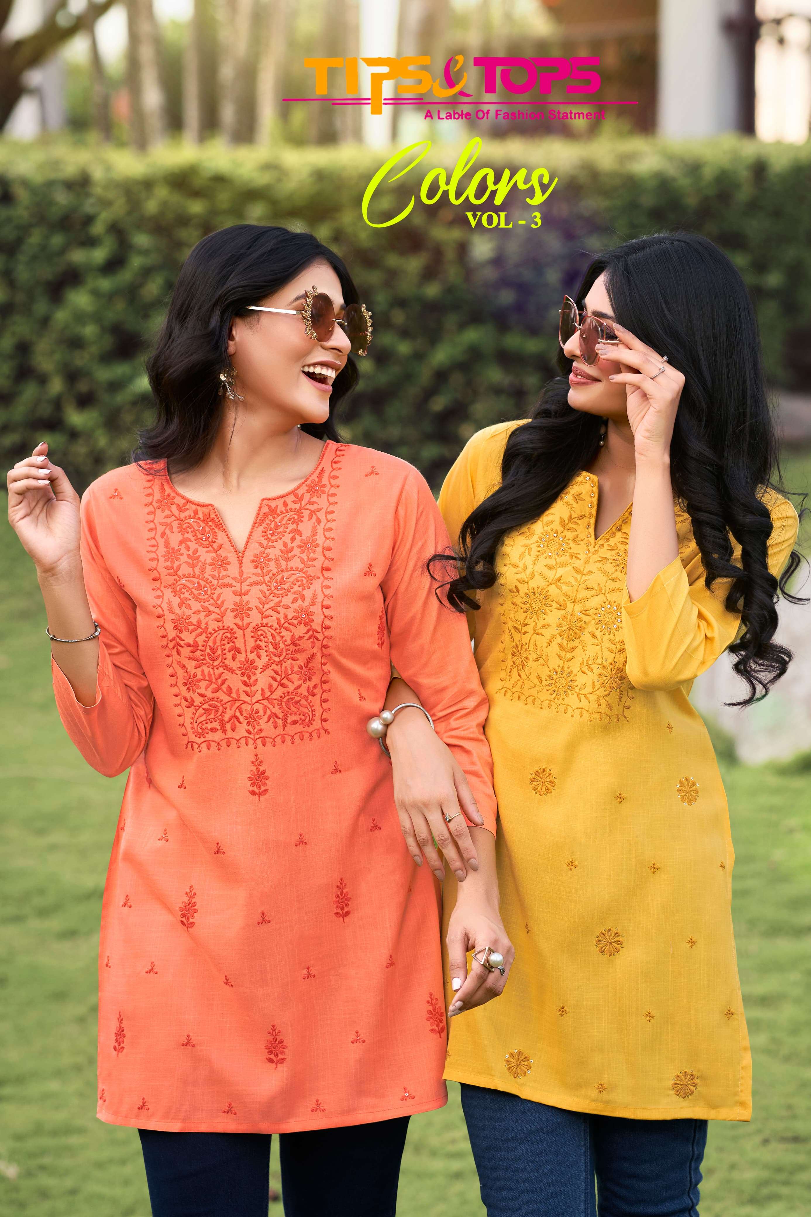 COLORS VOL-3 BY TIPS & TOPS 1001 TO 1006 SERIES RAYON EMBROIDERY WORK TUNICS