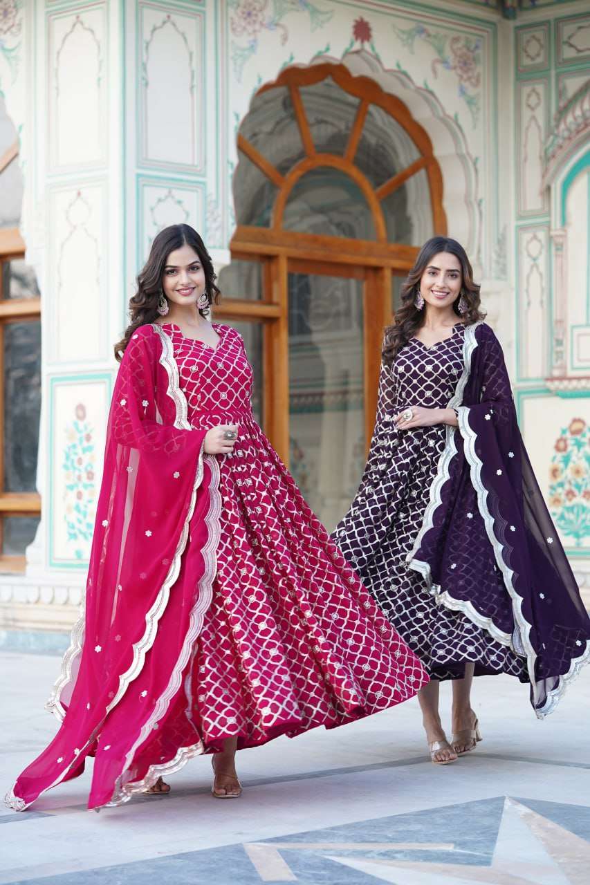 LW-9170 NX BY AQSAWHOLESALE FAUX BLOOMING GEORGETTE WORK GOWN AND DUPATTAS