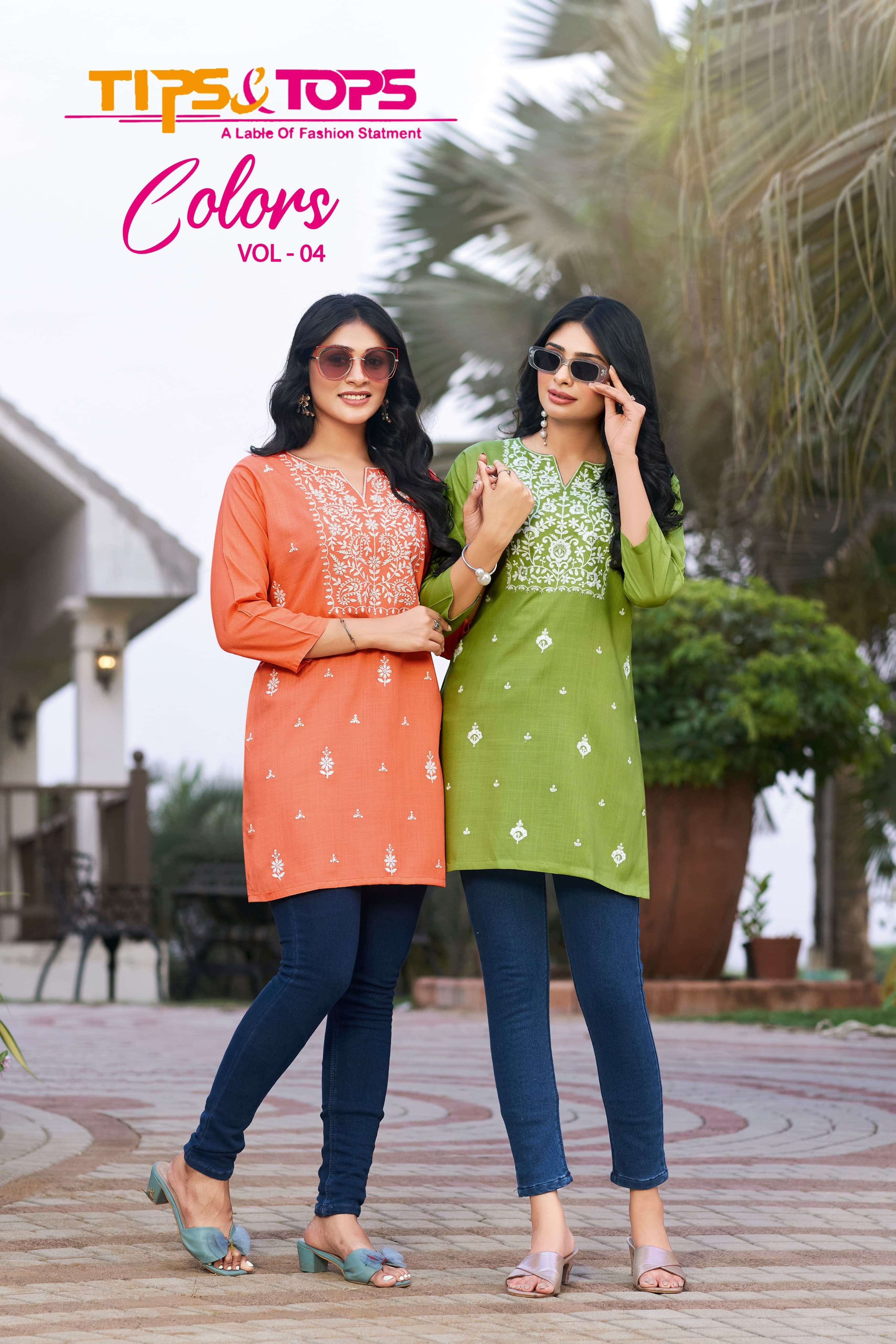 COLORS VOL-4 BY TIPS AND TOPS 101 TO 106 SERIES RAYON EMBROIDERY WORK TOPS