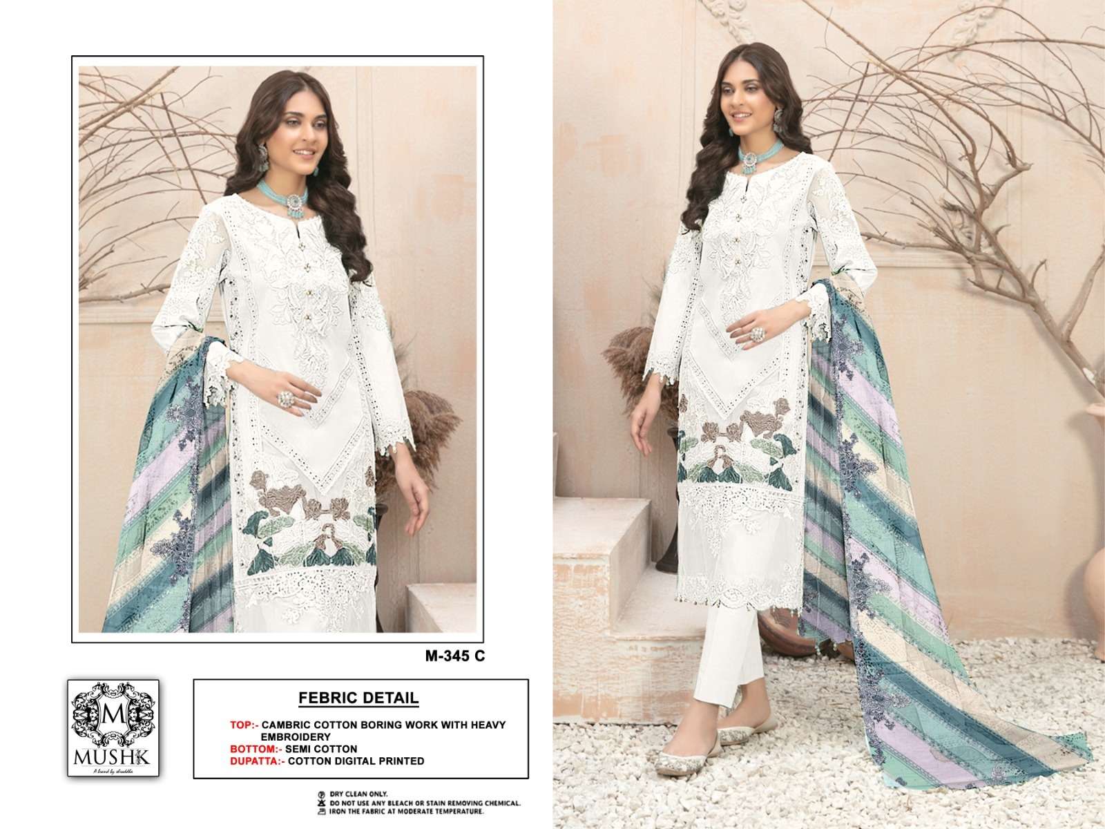 M-345 COLOURS BY MUSHQ 345-A TO 345-D SERIES COTTON EMBROIDERY WORK PAKISTANI DRESSES
