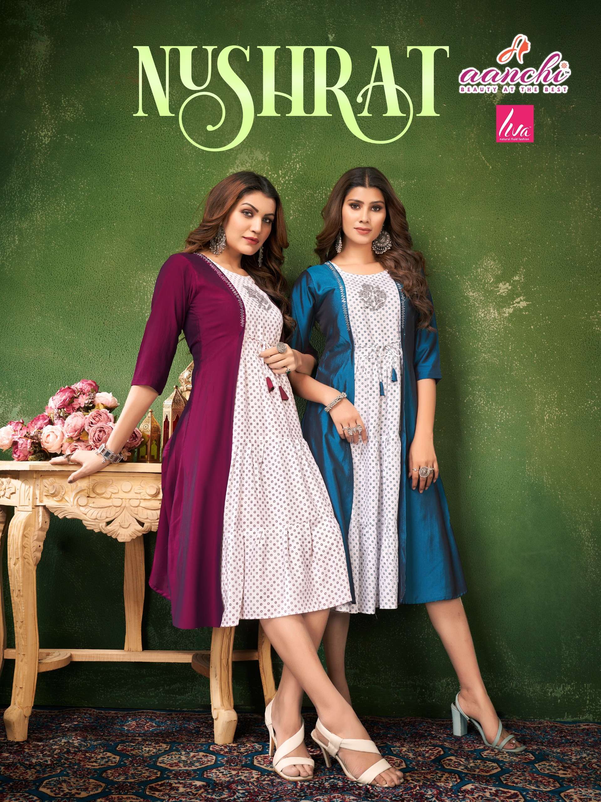 NUSHRAT BY AANCHI 101 TO 105 SERIES RAYON RANGEELA SILK FANCY WORK KURTIS