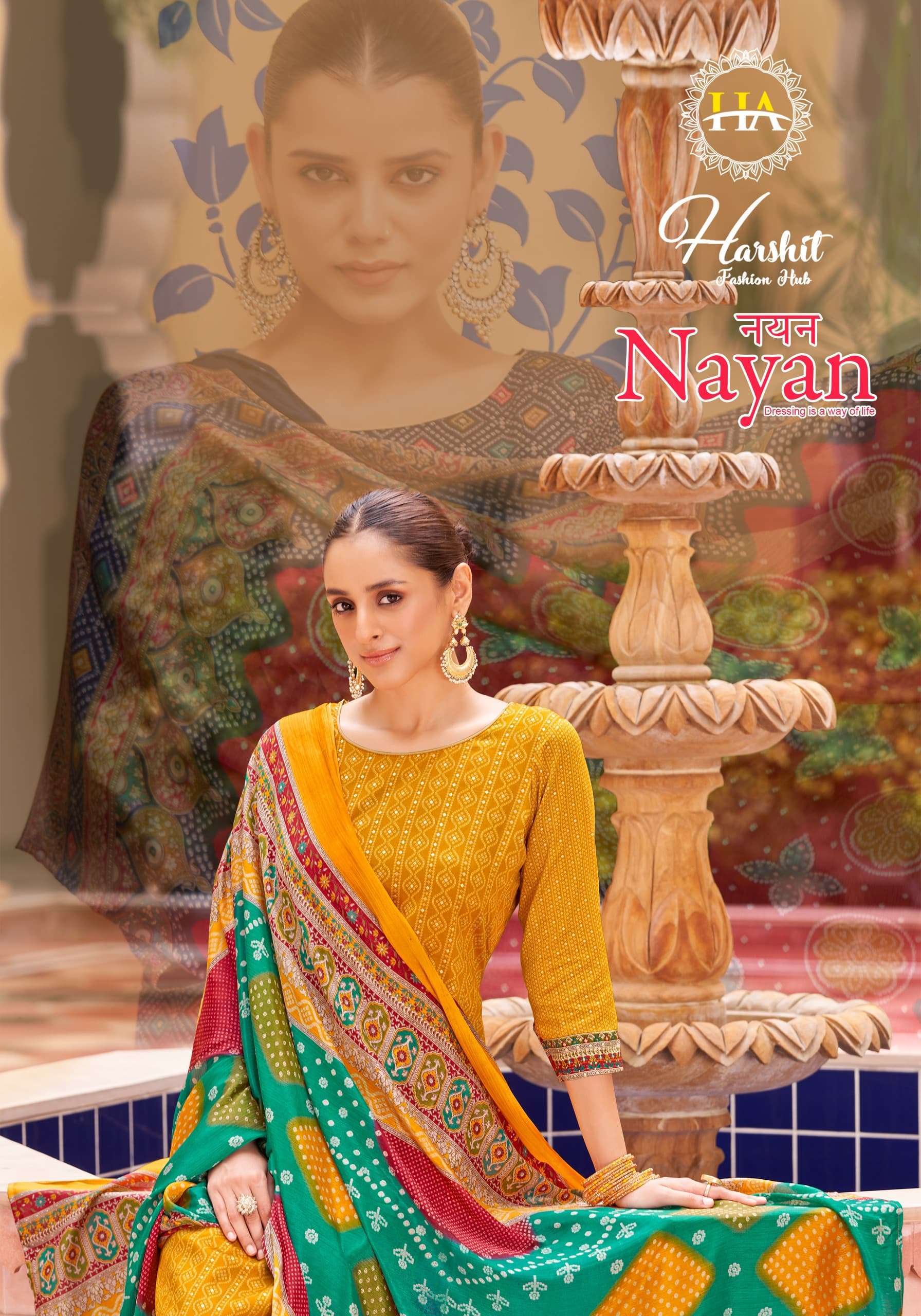 NAYAN BY HARSHIT 1592-001 TO 1592-008 SERIES PURE ZAM PRINT EMBROIDERY WORK DRESSES