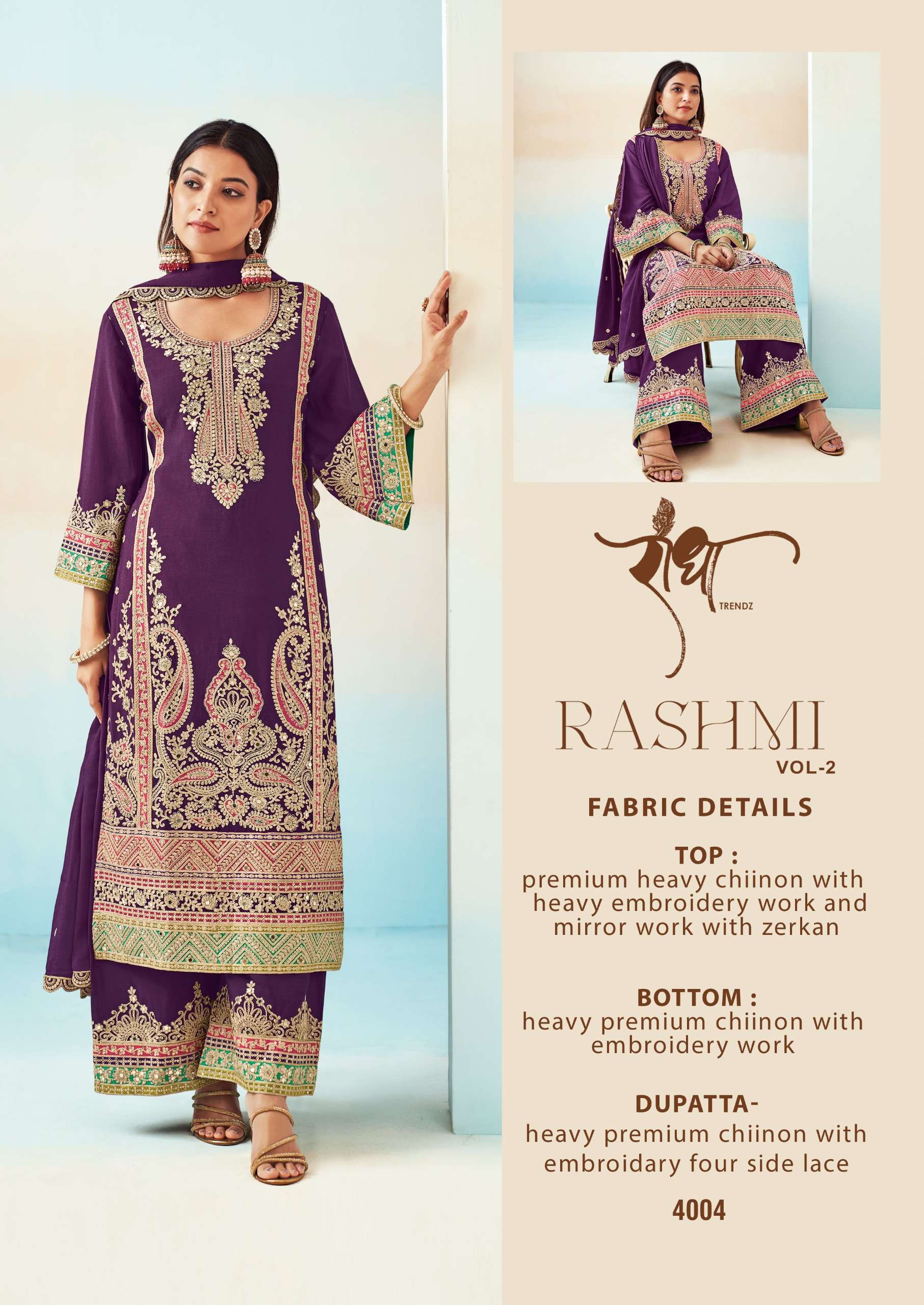RASHMI VOL-2 BY RADHA TRENDZ 4001 TO 4005 SERIES CHINON HEAVY WORK READYMADE DRESSES