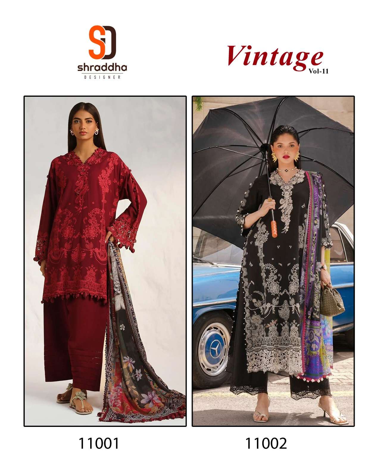 VINTAGE VOL-11 BY SHRADDHA DESIGNER 11001 & 11002 SERIES COTTON PRINT WORK PAKISTANI DRESSES