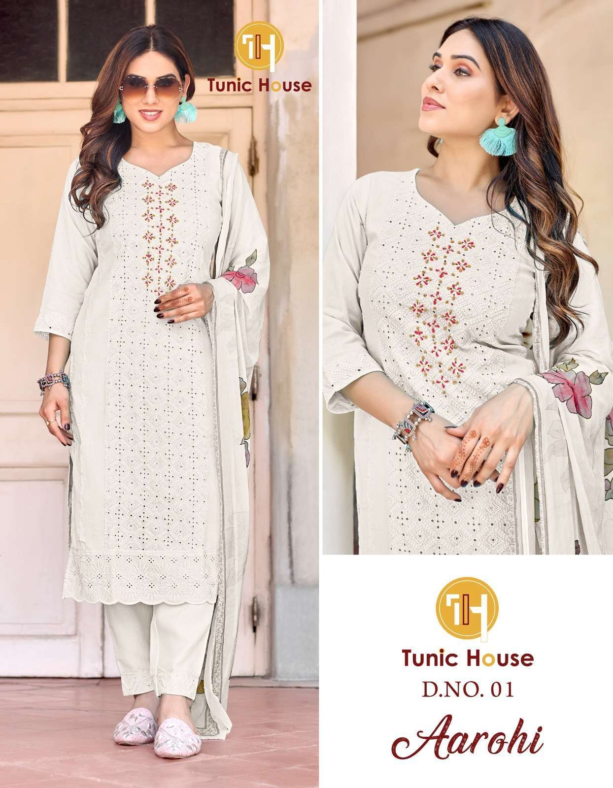 AAROHI BY TUNIC HOUSE 01 TO 06 SERIES COTTON SCHIFFLI WORK READYMADE DRESSES