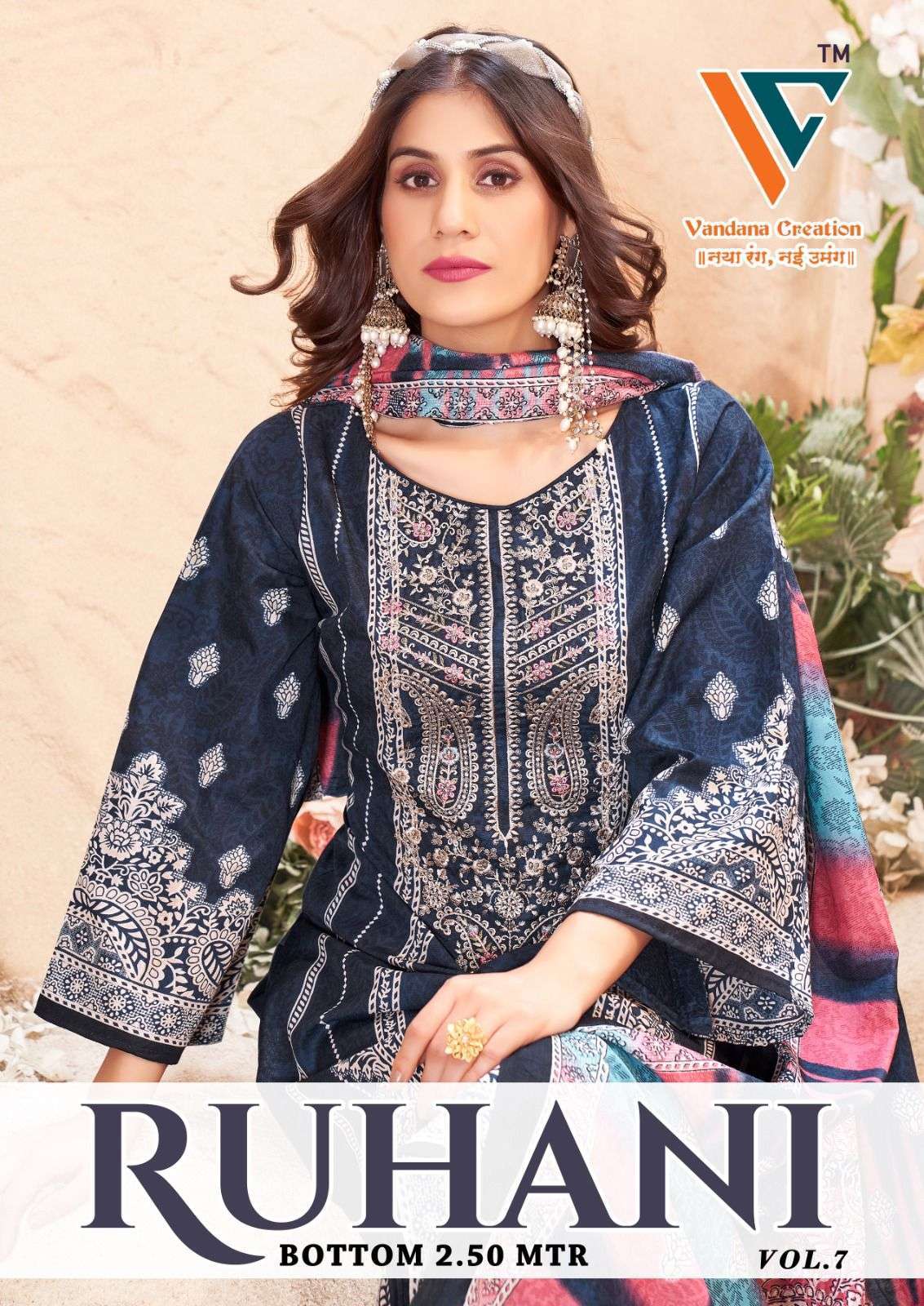 RUHANI VOL-7 BY VANDANA FASHION 7001 TO 7008 SERIES COTTON PRINT WORK DRESSES