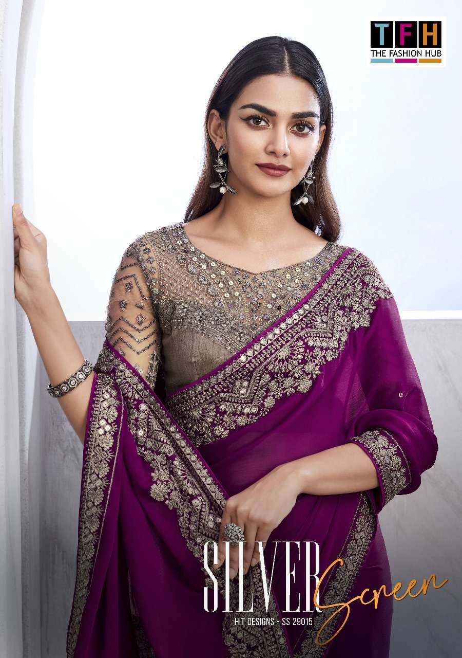 SILVER SCREEN VOL-15 BY TFH 29015-A TO 26015-F SERIES CHIFON SILK EMBROIDERY WORK SAREES