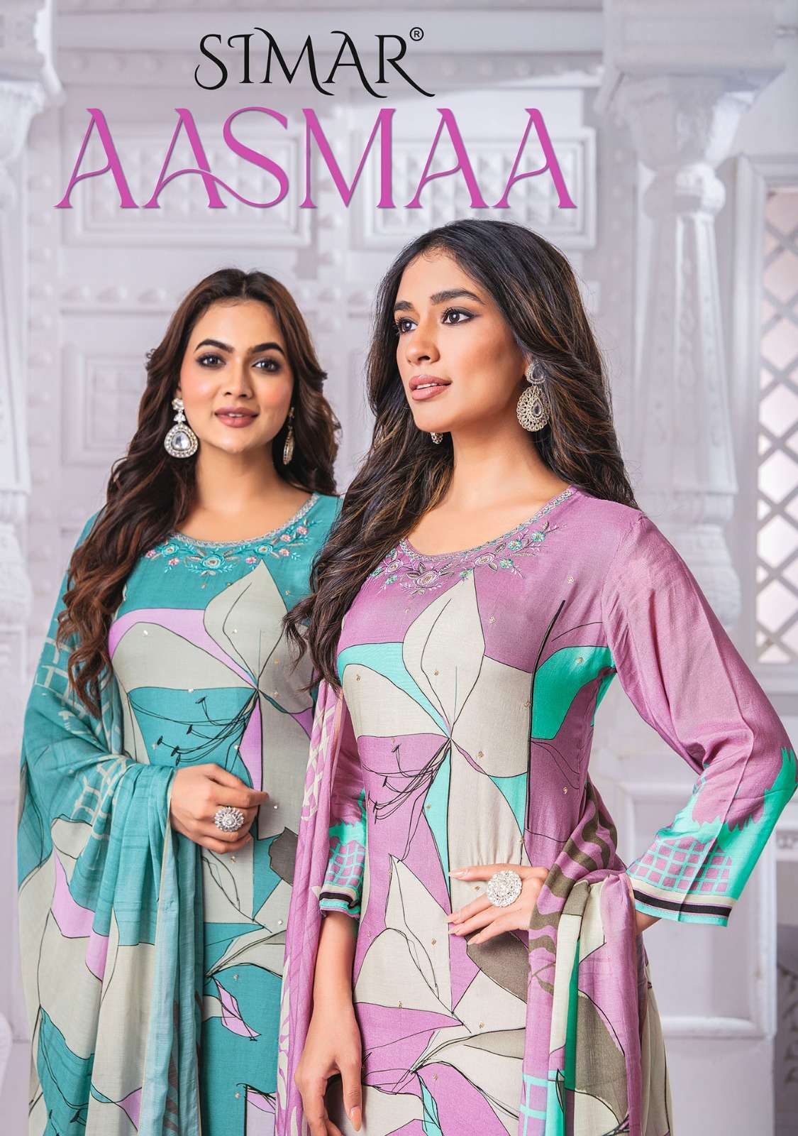 AASMA BY SIMAR 6022-A TO 6022-D SERIES VISCOSE MUSLIN PRINT WORK DRESSSES