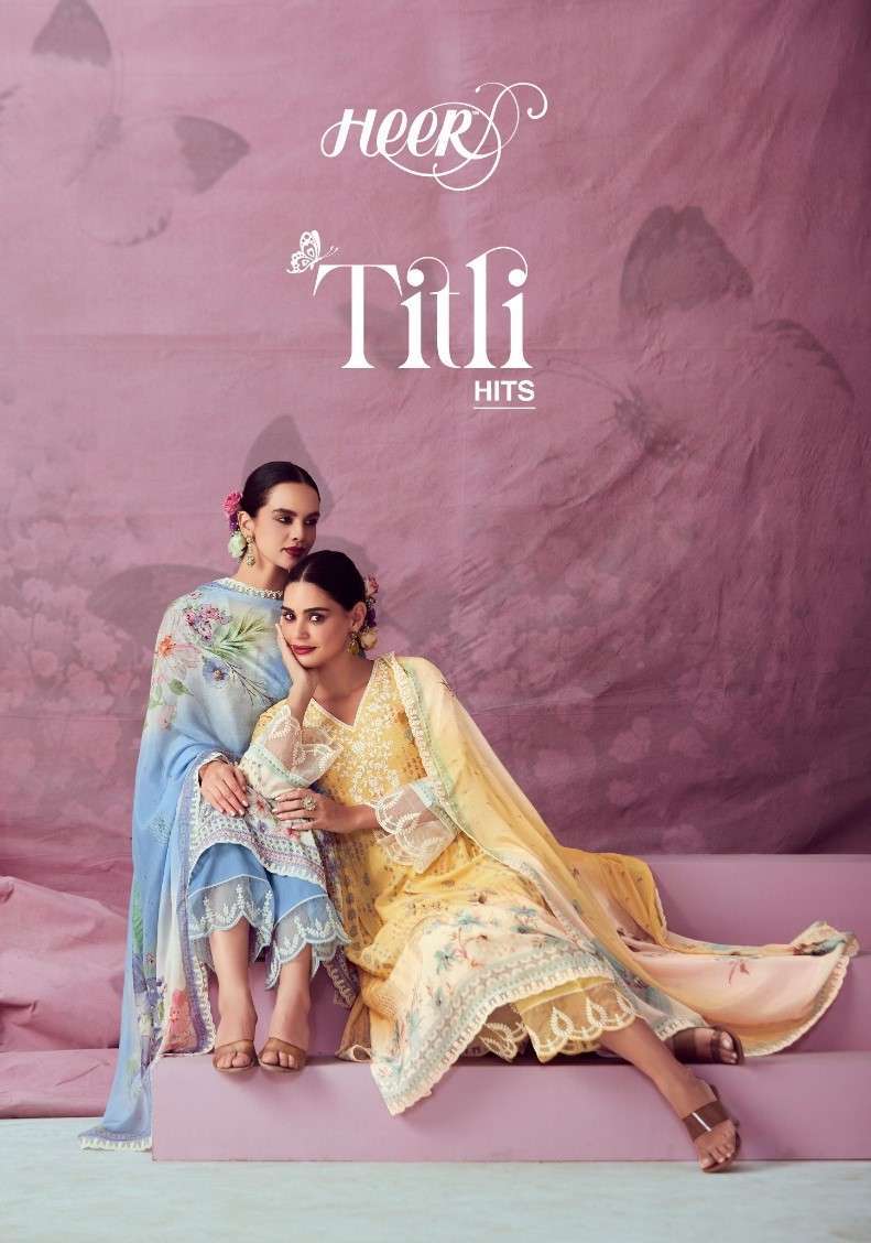 TITLI HITS BY HEER 9261 TO 9265 SERIES PURE MUSLIN PRINT EMBROIDERY WORK DRESSES