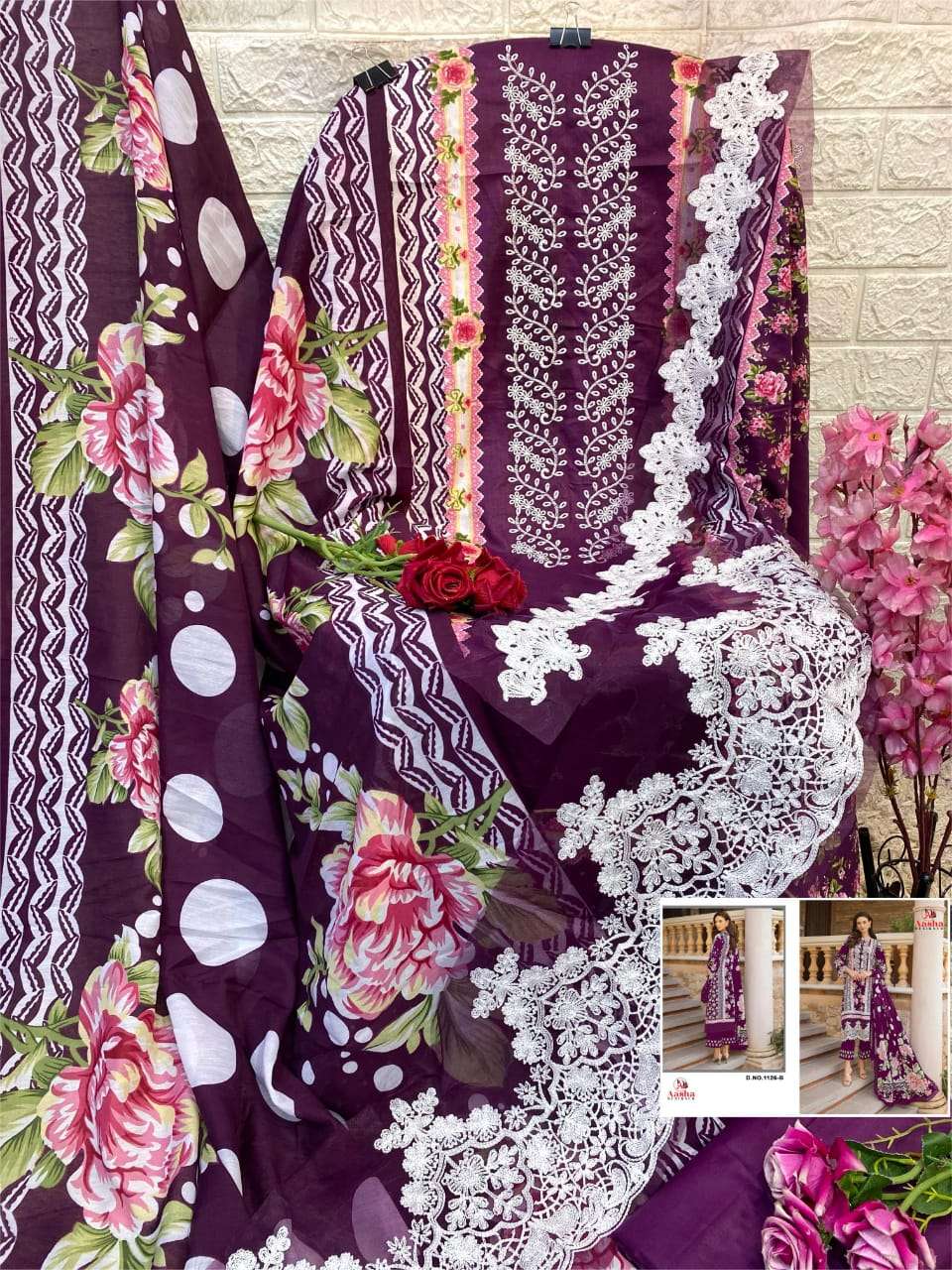 AASHA 1126-B HIT DESIGN BY AASHA DESIGNER CAMBRIC COTTON PRINT WORK PAKISTANI DRESS