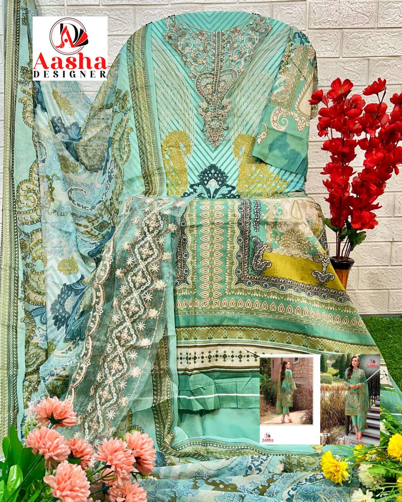 AASHA 1129 HIT DESIGN BY AASHA DESIGNER PURE COTTON PRINT WORK PAKISTANI DRESS