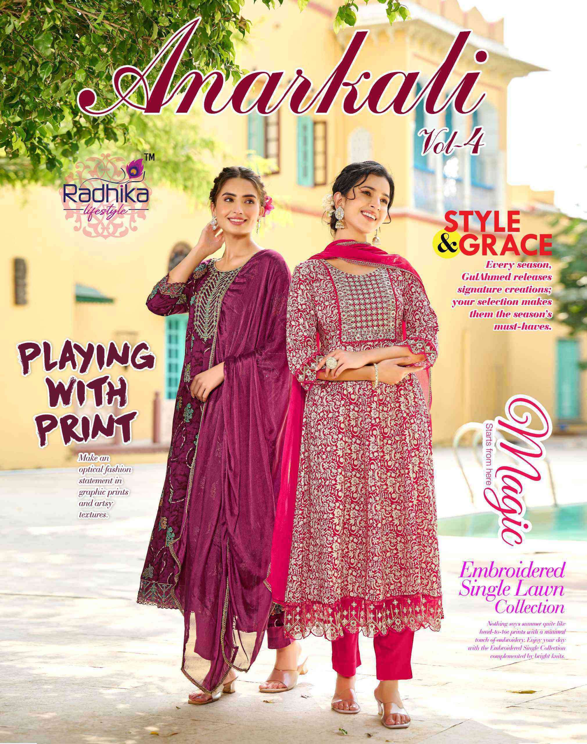 ANARKALI VOL-4 BY RADHIKA LIFESTYLE 4001 TO 4006 SERIES RAYON PRINT WORK READYMADE DRESSES