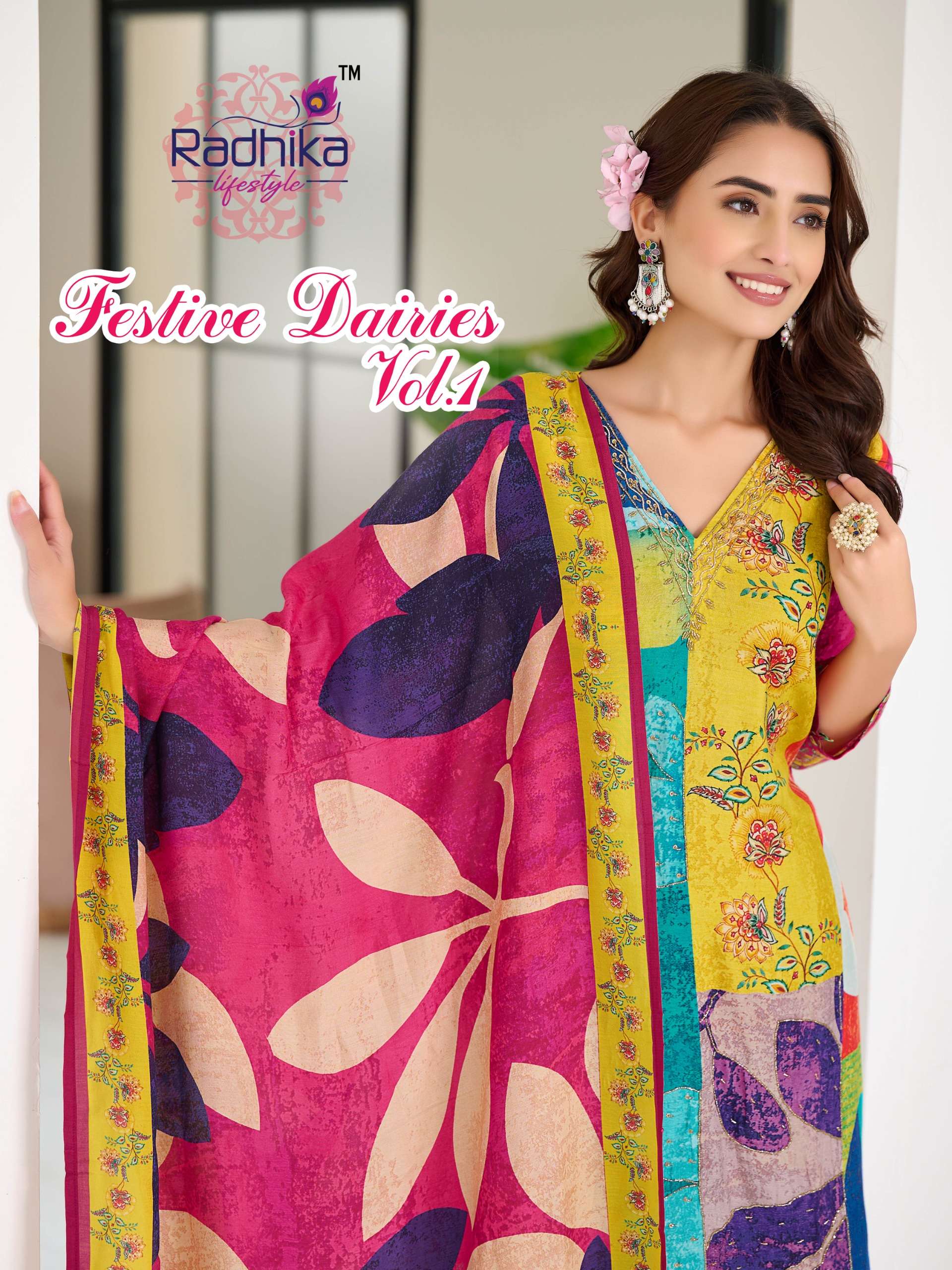 FESTIVE DIARIES BY RADHIKA LIFESTYLE 1001 TO 1006 SERIES MUSLIN PRINT WORK READYMADE DRESSES