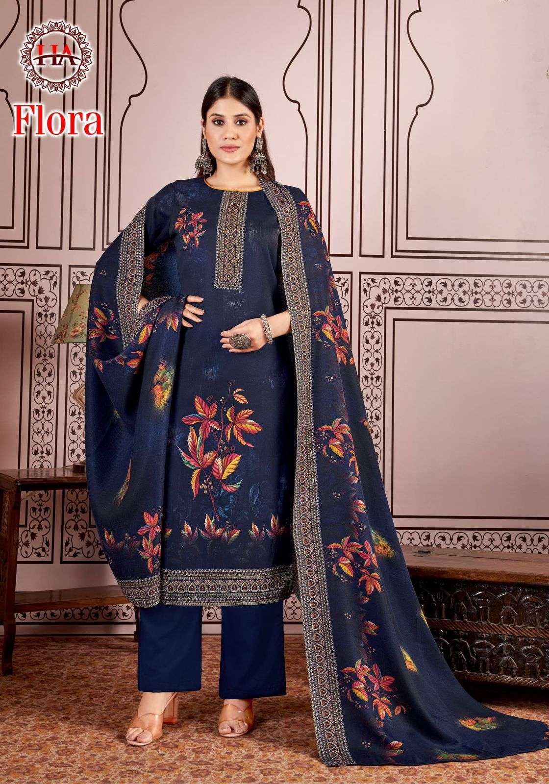 FLORA BY HARSHIT 958-001 TO 958-008 SERIES PASHMINA PRINT WORK WINTER WEAR DRESSES