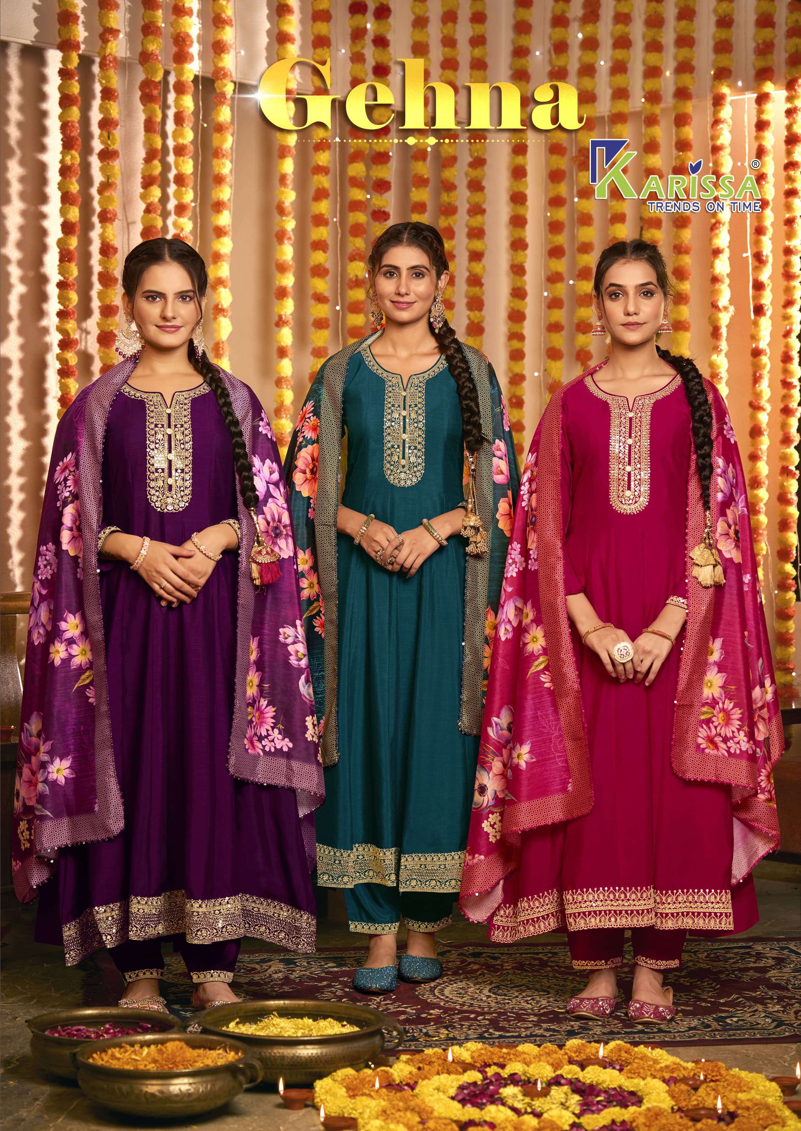 GEHNA BY KARISSA 1001 TO 1004 SERIES VICHITRA SILK HEAVY WORK READYMADE DRESSES