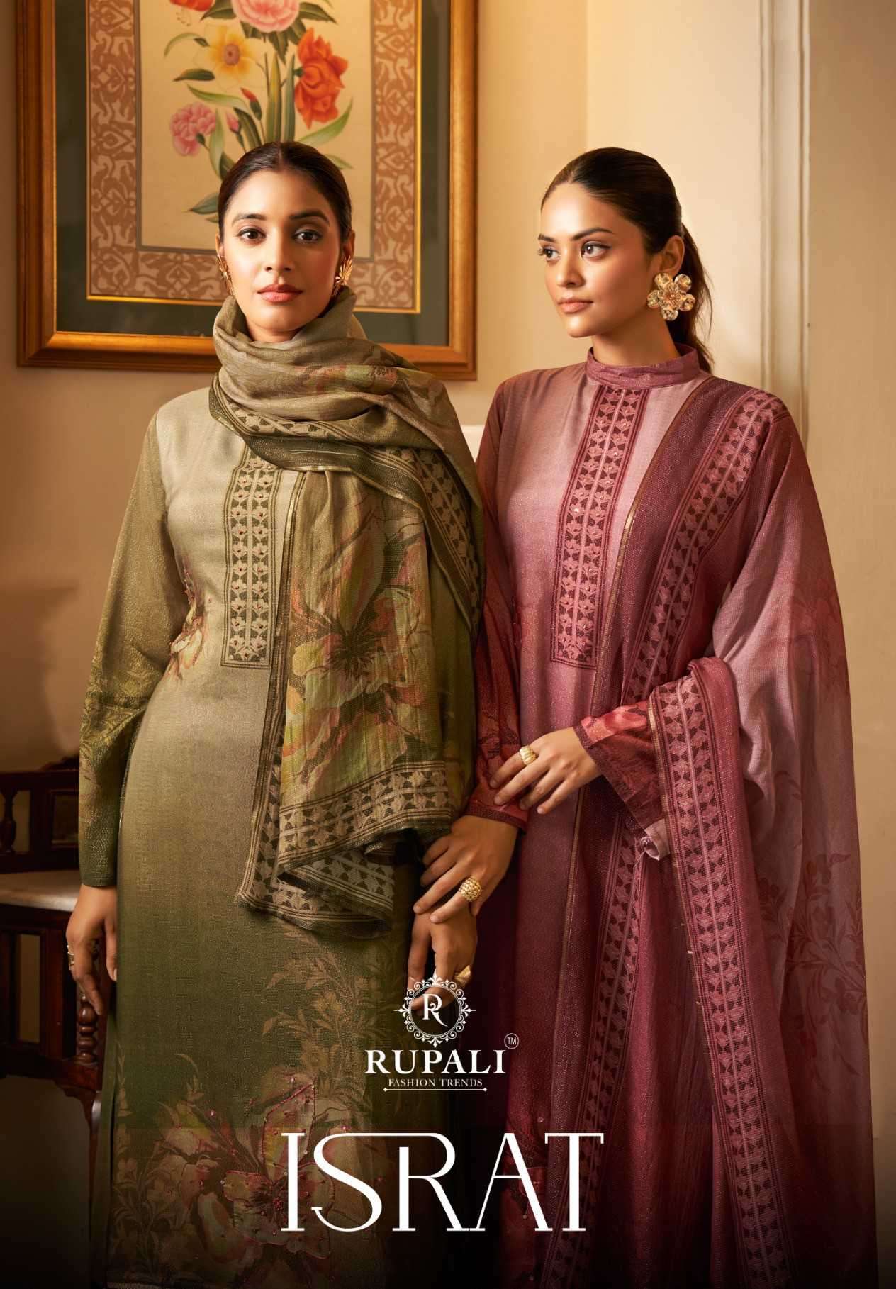 ISRAT BY RUPALI FASHION 5201 TO 5204 SERIES VISCOSE MUSLIN PRINT WORK DRESSES